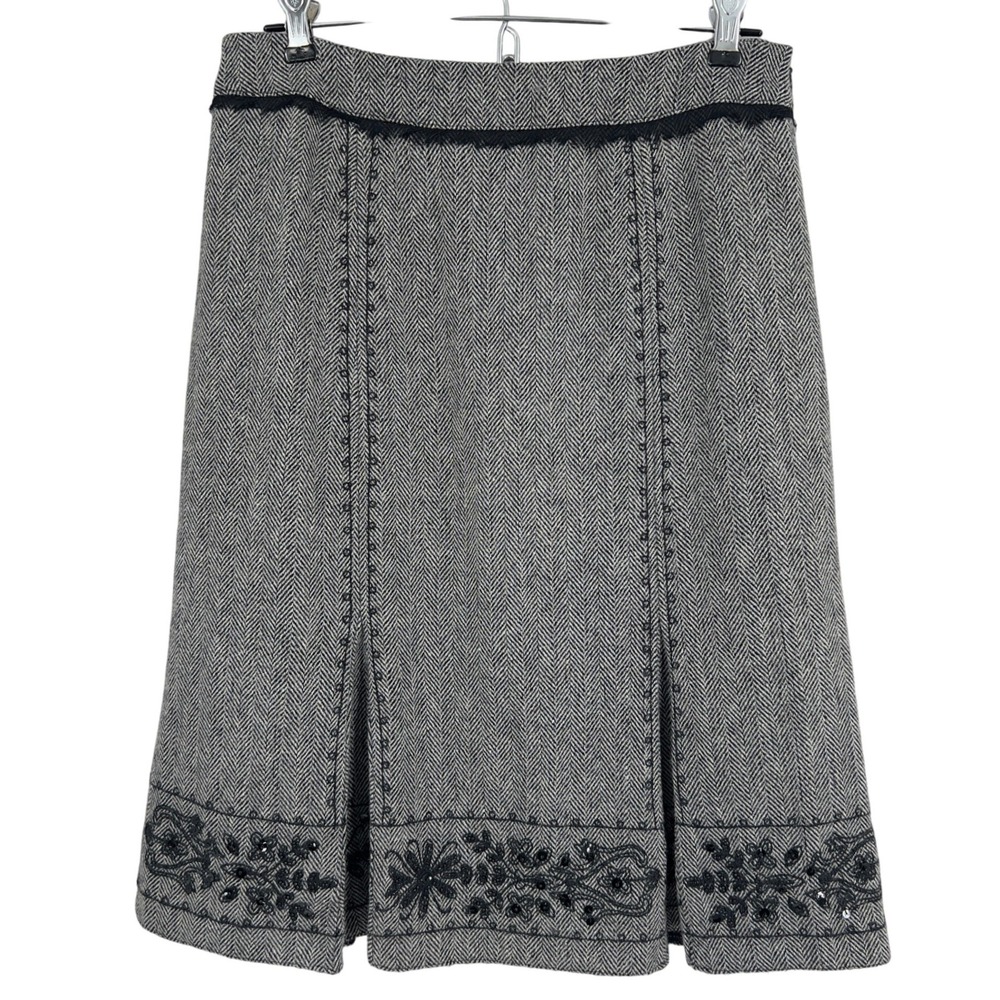 Atelier Womens‎ Herringbone Wool A-Line Skirt Beaded Embroidered 6